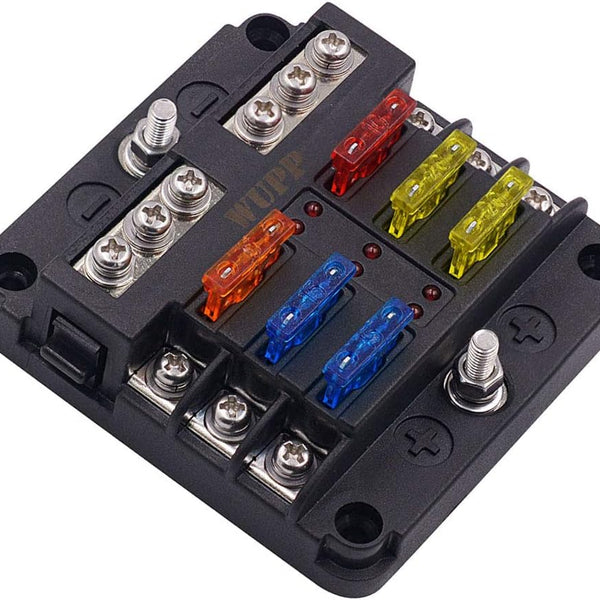 12 Volt Fuse Block, Waterproof Boat Fuse Panel with LED Warning Indicator Damp-Proof Cover, 6 Circuits with Negative Bus Fuse Box for Car Marine RV Truck DC 12-24V