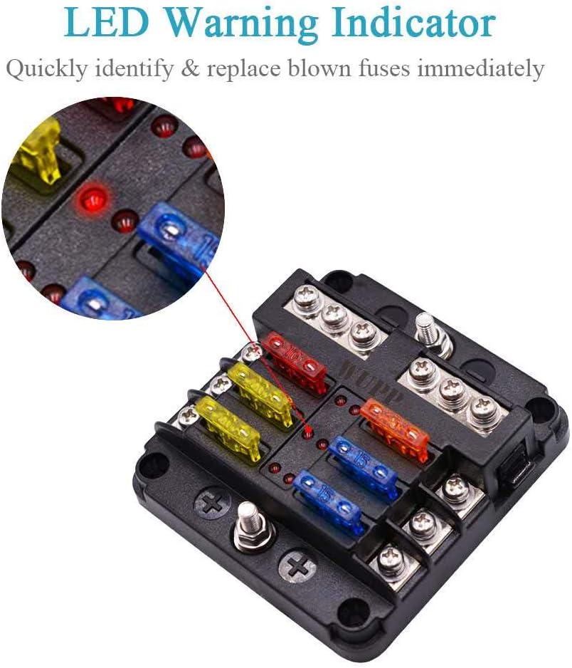 12 Volt Fuse Block, Waterproof Boat Fuse Panel with LED Warning Indicator Damp-Proof Cover, 6 Circuits with Negative Bus Fuse Box for Car Marine RV Truck DC 12-24V
