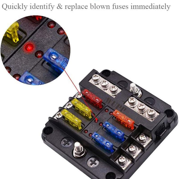 12 Volt Fuse Block, Waterproof Boat Fuse Panel with LED Warning Indicator Damp-Proof Cover, 6 Circuits with Negative Bus Fuse Box for Car Marine RV Truck DC 12-24V