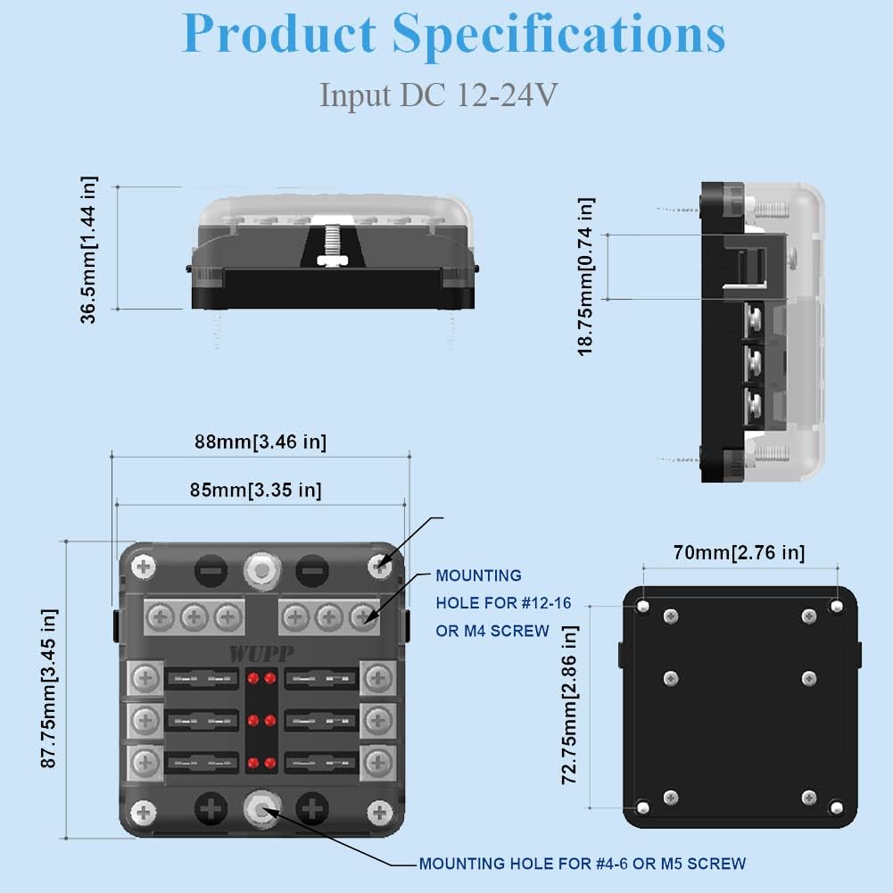 12 Volt Fuse Block, Waterproof Boat Fuse Panel with LED Warning Indicator Damp-Proof Cover, 6 Circuits with Negative Bus Fuse Box for Car Marine RV Truck DC 12-24V