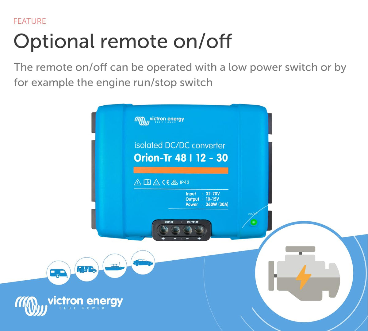 Victron Energy Orion-Tr DC to DC Converter - 48/12-Volt 30 amp 360-Watt - IP43 Protected - for Dual Battery Systems - Isolated