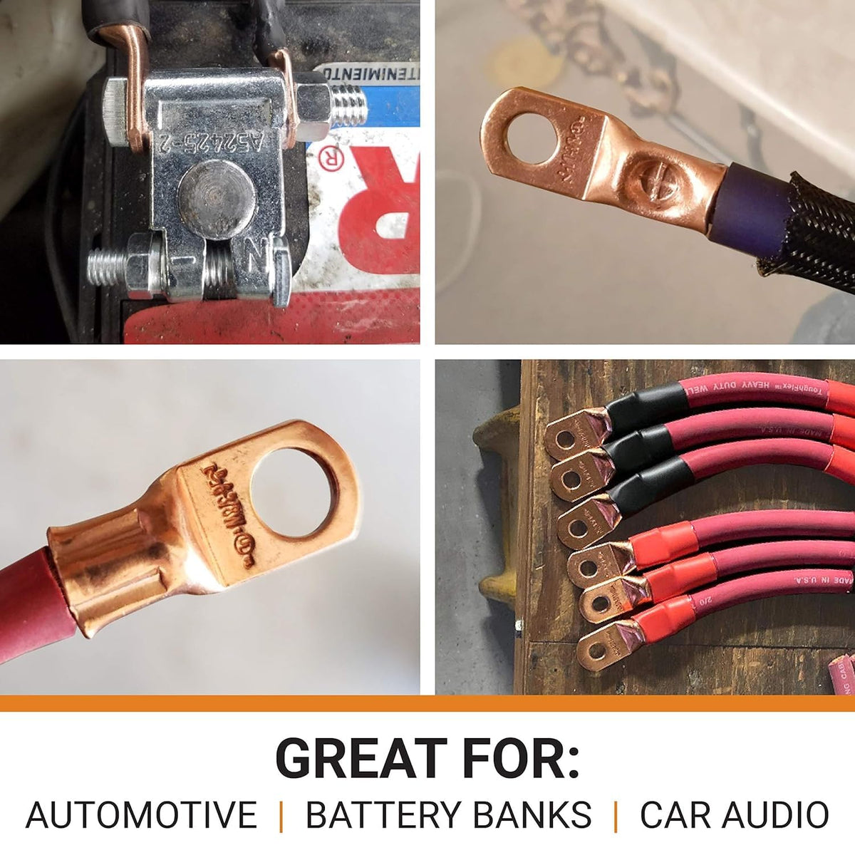 SELTERM 25pcs 4 AWG 5/16" Stud Battery Lugs, Ring Terminals, Heavy Duty Copper Wire Lugs, Battery Cable Ends, 4 Guage Ring Terminal Connectors, UL Bare Copper Eyelets Electrical Battery Cable Lugs