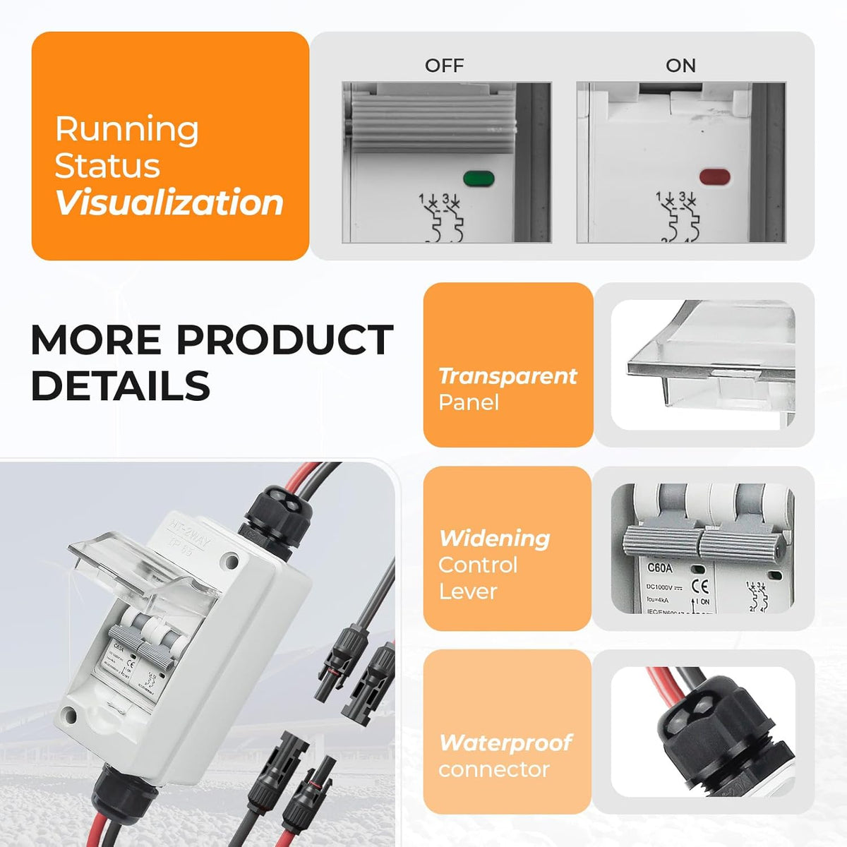 Solar Panel Disconnect Switch 1000V 60A PV Disconnect Switch Outdoor Miniature Circuit Breaker IP65 for Solar PV Homes Battery (1000V 60 Amp)