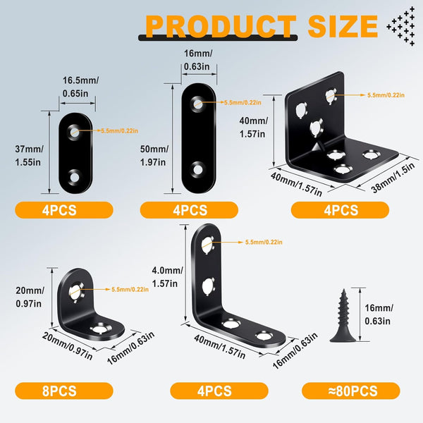 24PCS Stainless Steel L Brackets, Heavy Duty Corner Braces for Wood Furniture & Shelves, 5-Size Black Metal Angle Brackets with Screws(0.79/1.2/1.4/1.57/1.97inch)