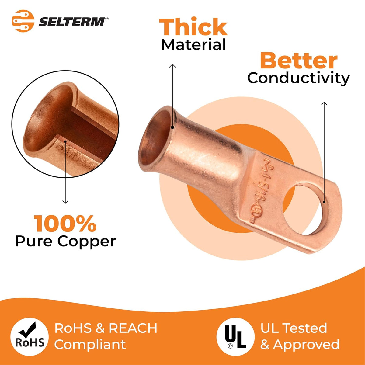 SELTERM 25pcs 4 AWG 5/16" Stud Battery Lugs, Ring Terminals, Heavy Duty Copper Wire Lugs, Battery Cable Ends, 4 Guage Ring Terminal Connectors, UL Bare Copper Eyelets Electrical Battery Cable Lugs