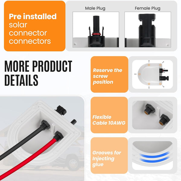 Solar Cable Entry Gland with 10Awg Copper Solar Cable and Solar Connector UV Resistance Dual Cable Entry Housing for Solar RV Boats Yacht Roofs (White 20FT)
