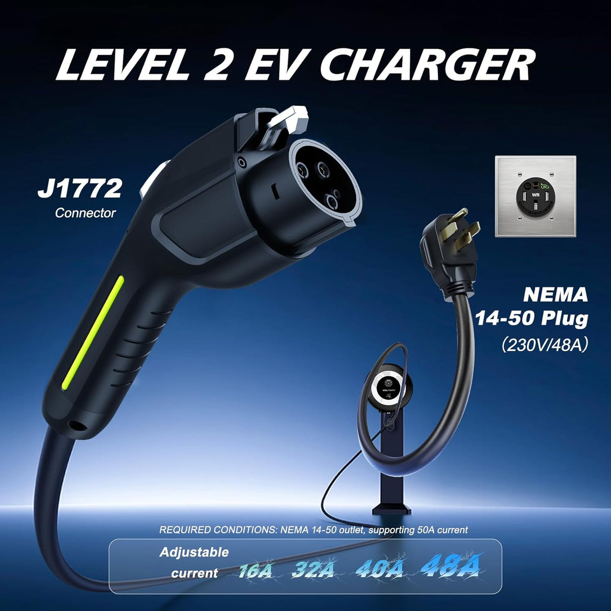 Level 2 EV Charger 11.5kW / 50A Wall-Mounted Home Charging Station with Smart App, NFC & 27.3ft J1772 Cable (NEMA 14-50)