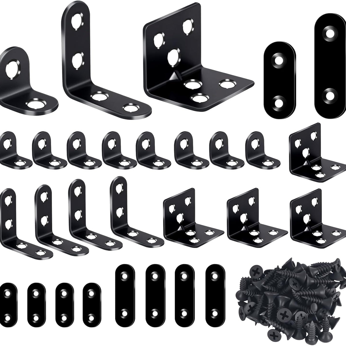 24PCS Stainless Steel L Brackets, Heavy Duty Corner Braces for Wood Furniture & Shelves, 5-Size Black Metal Angle Brackets with Screws(0.79/1.2/1.4/1.57/1.97inch)