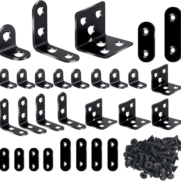 24PCS Stainless Steel L Brackets, Heavy Duty Corner Braces for Wood Furniture & Shelves, 5-Size Black Metal Angle Brackets with Screws(0.79/1.2/1.4/1.57/1.97inch)