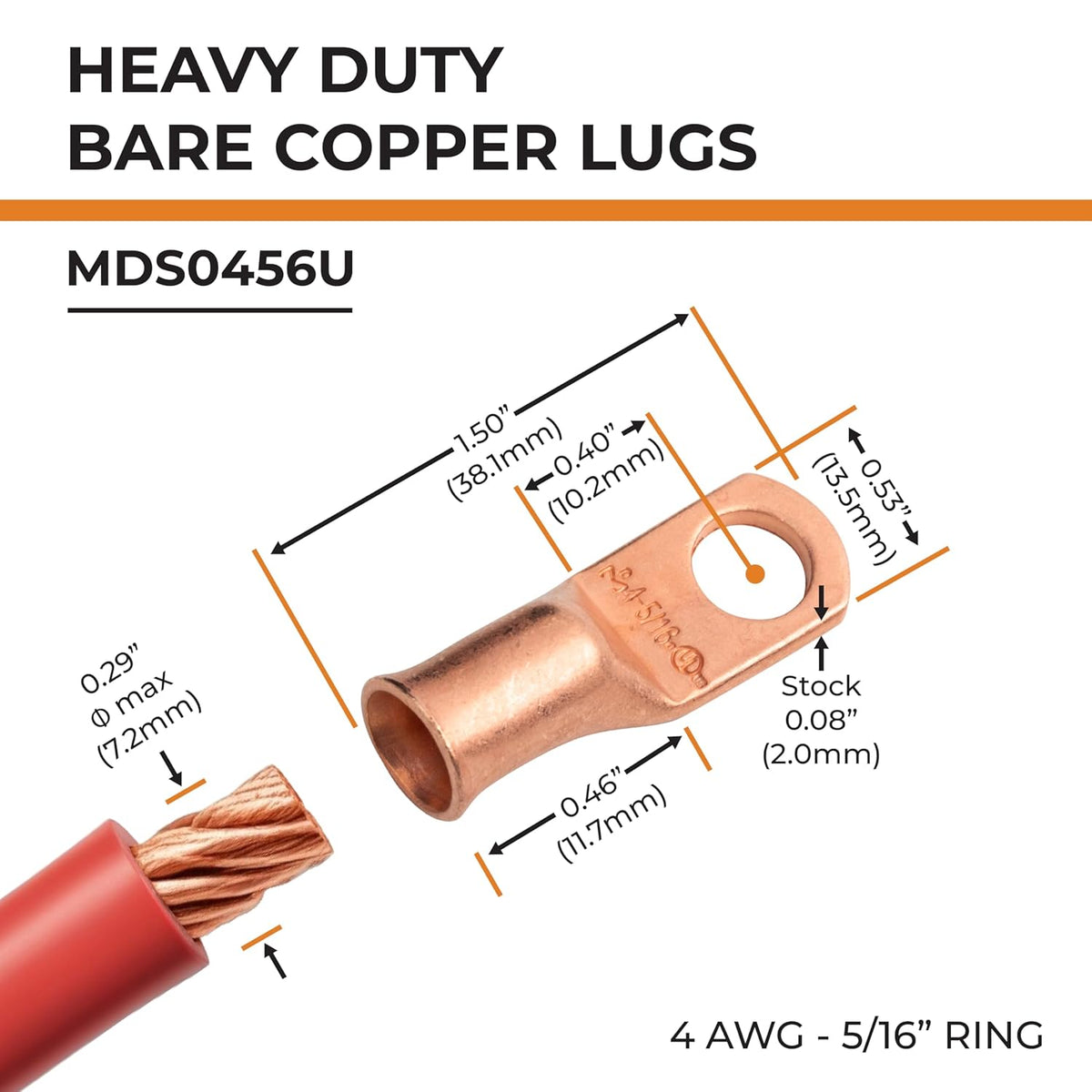 SELTERM 25pcs 4 AWG 5/16" Stud Battery Lugs, Ring Terminals, Heavy Duty Copper Wire Lugs, Battery Cable Ends, 4 Guage Ring Terminal Connectors, UL Bare Copper Eyelets Electrical Battery Cable Lugs
