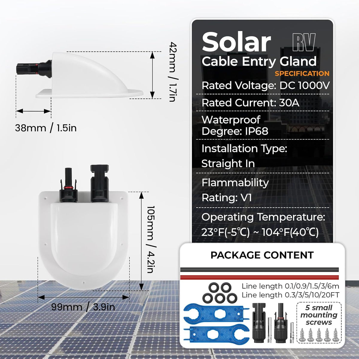 Solar Cable Entry Gland with 10Awg Copper Solar Cable and Solar Connector UV Resistance Dual Cable Entry Housing for Solar RV Boats Yacht Roofs (White 20FT)