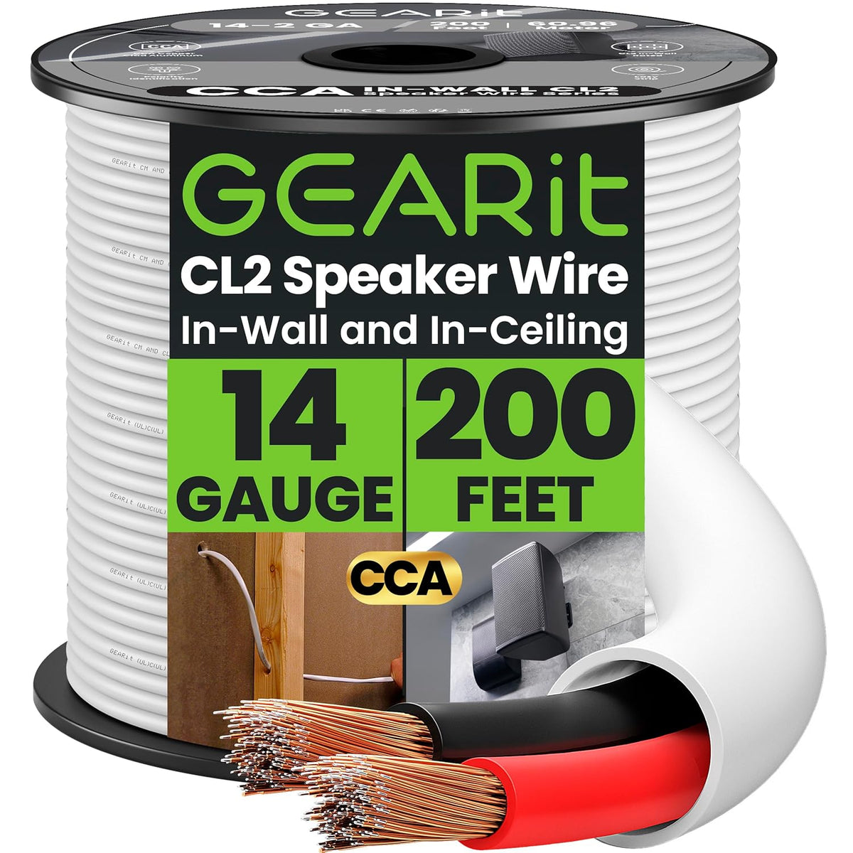 GEARit 14 Gauge Speaker Wire, CL2 Rated 14 Gauge Wire 200ft, Audio Cable with Red/Black Color Coded, Speaker Cable for in-Wall Home Theater, Car Stereo, Commercial Audio Systems, CCA(White)