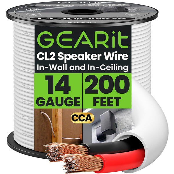 GEARit 14 Gauge Speaker Wire, CL2 Rated 14 Gauge Wire 200ft, Audio Cable with Red/Black Color Coded, Speaker Cable for in-Wall Home Theater, Car Stereo, Commercial Audio Systems, CCA(White)
