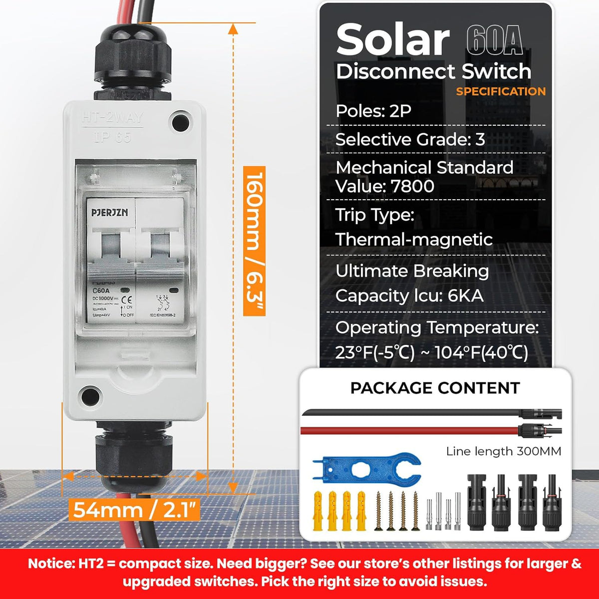 Solar Panel Disconnect Switch 1000V 60A PV Disconnect Switch Outdoor Miniature Circuit Breaker IP65 for Solar PV Homes Battery (1000V 60 Amp)