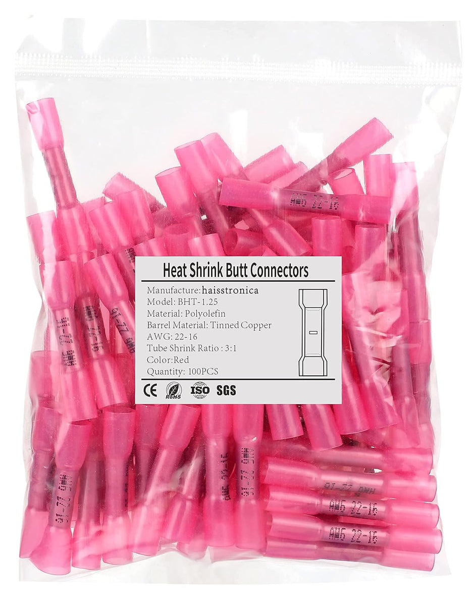 haisstronica 100PCS Red Heat Shrink Butt Connectors AWG22-16,Marine Grade Waterproof Heat Shrink Wire Connectors,Tinned Red Copper 0.7mm,Insulated Crimp Butt Splice Electrical Connectors