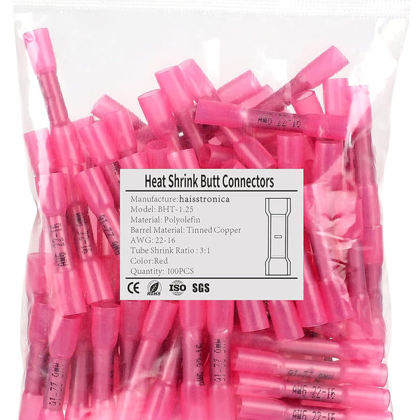 haisstronica 100PCS Red Heat Shrink Butt Connectors AWG22-16,Marine Grade Waterproof Heat Shrink Wire Connectors,Tinned Red Copper 0.7mm,Insulated Crimp Butt Splice Electrical Connectors