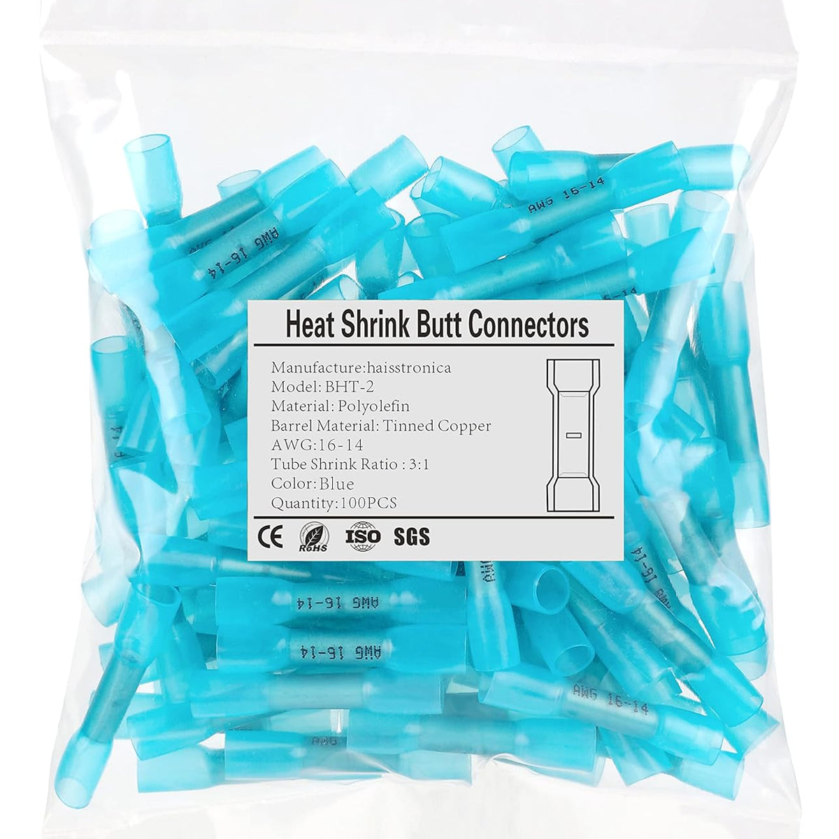 haisstronica 100PCS Blue Heat Shrink Butt Connectors AWG16-14,Marine Grade Waterproof Heat Shrink Wire Connectors,Tinned Red Copper 0.8mm,Insulated Crimp Butt Splice Electrical Connectors